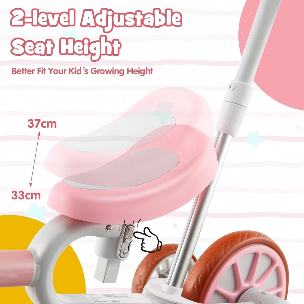 4 in 1 Triciclo Evolutivo per Bambini, Bicicletta Bambini con Manico a Spinta Regolabile in 4 Posizioni, Sellino in 2 Posizioni, Pedali Rimovibili, per Bambini e Bambine da 1 Anno + (Rosa)