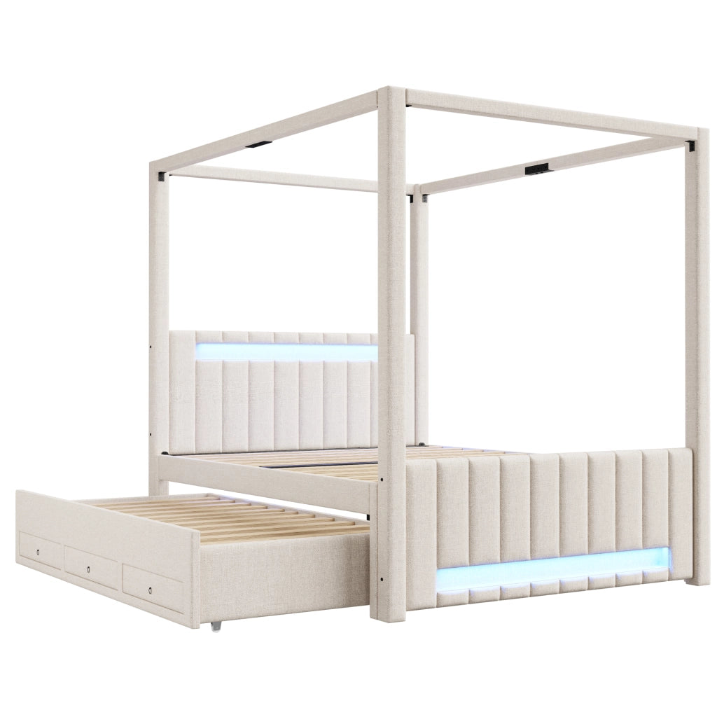 Letto Matrimoniale 140x200 cm - Letto Estraibile; 3 Cassetti; LED - in Lino e MDF - Beige