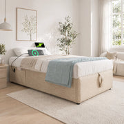 Letto singolo imbottito 90x190 cm in lino con contenitore, porta USB/Type-C, senza testiera