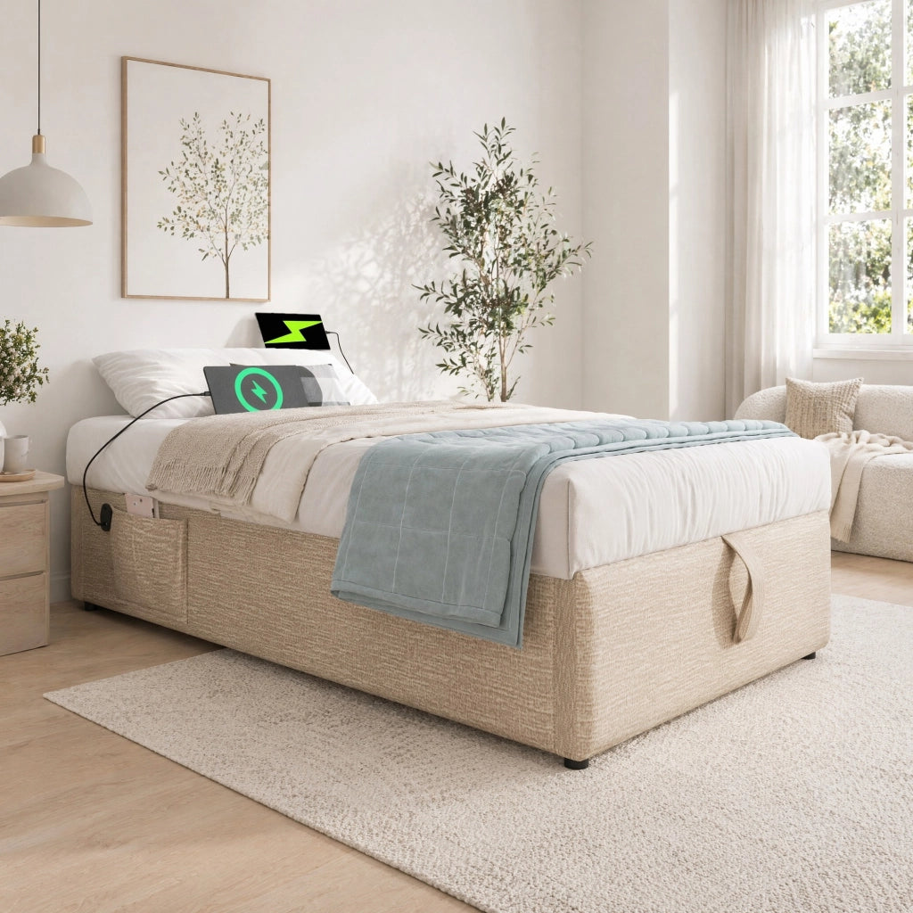 Letto singolo imbottito 90x190 cm in lino con contenitore, porta USB/Type-C, senza testiera