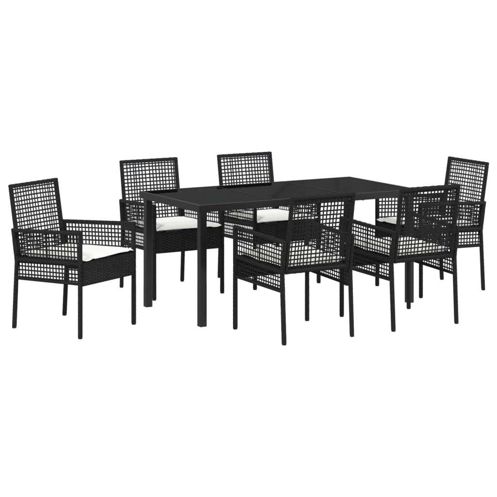 Set da Pranzo da Giardino da 7 Pezzi con Cuscini in Polyrattan Nero