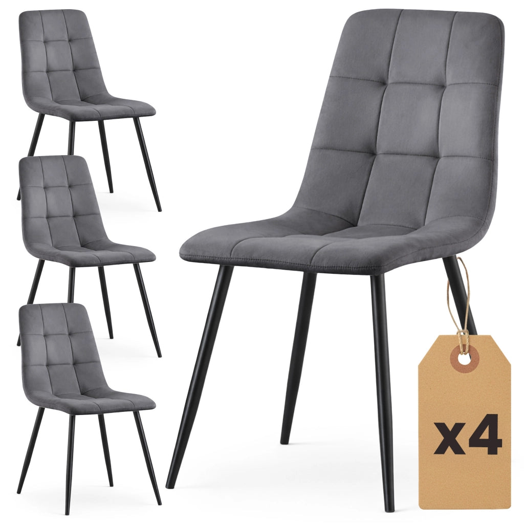 Set di 4 Sedie in velluto trapuntate NERO Grafite Scuro gambe nere