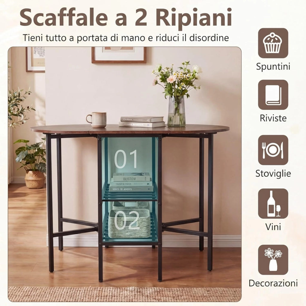 Tavolo Pieghevole per 4 Persone, Tavolo Salvaspazio da Pranzo Richiudibile con 2 Ripiani Aperti, Piedini Regolabili e Struttura in Metallo per Sala da Pranzo, Soggiorno e Ufficio (Marrone)