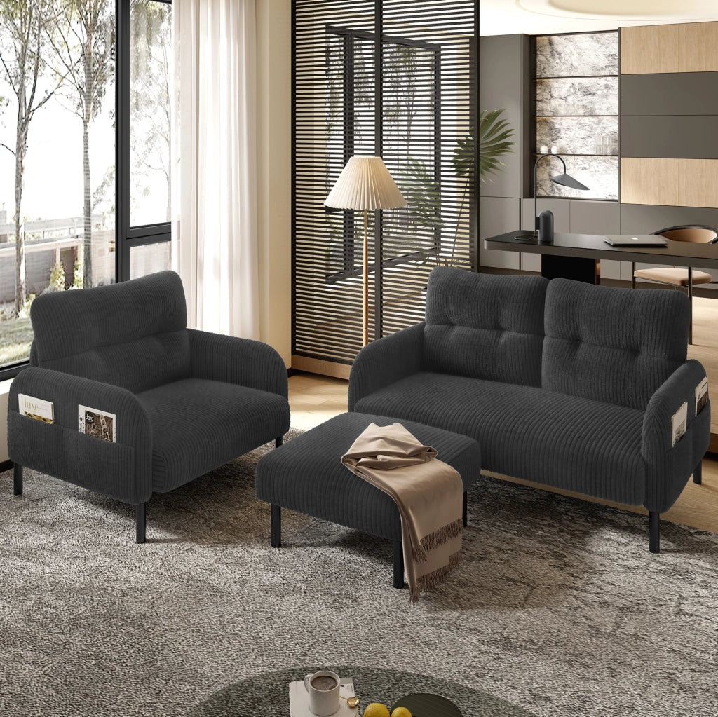 Set soggiorno 3 pezzi in corduroy grigio con divano 2 posti; poltrona e pouf; 120 cm