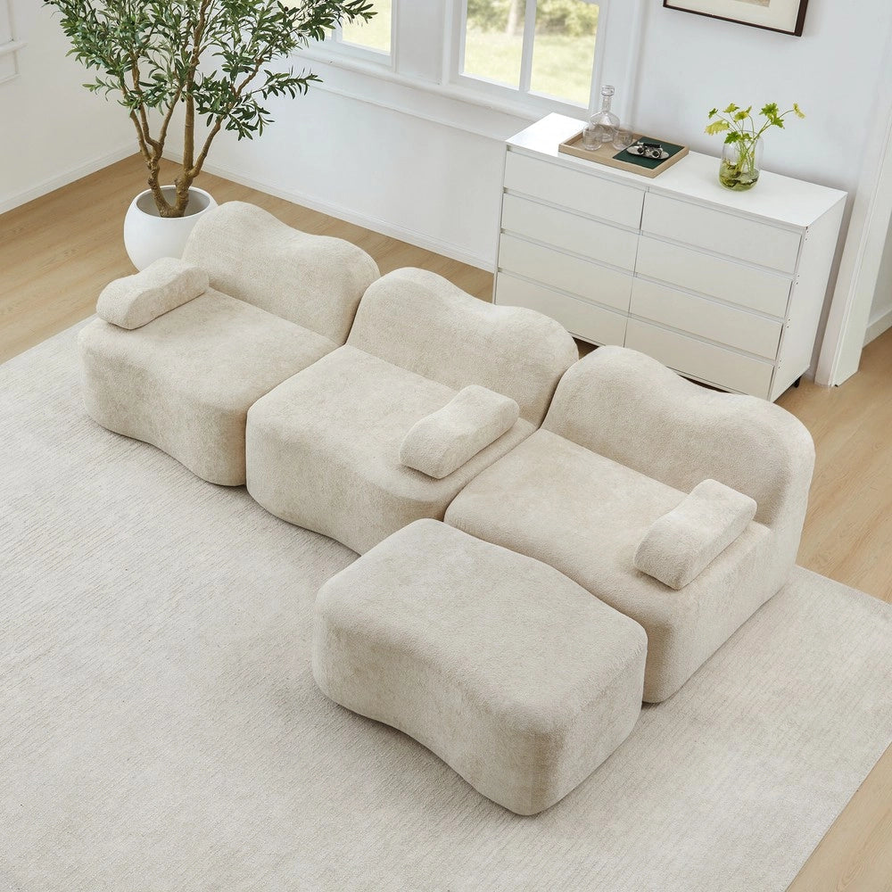 Divano Angolare Modulare 3 Posti con Poggiapiedi ¨C Xylo ¨C Beige, Tessuto, Seduta Profonda