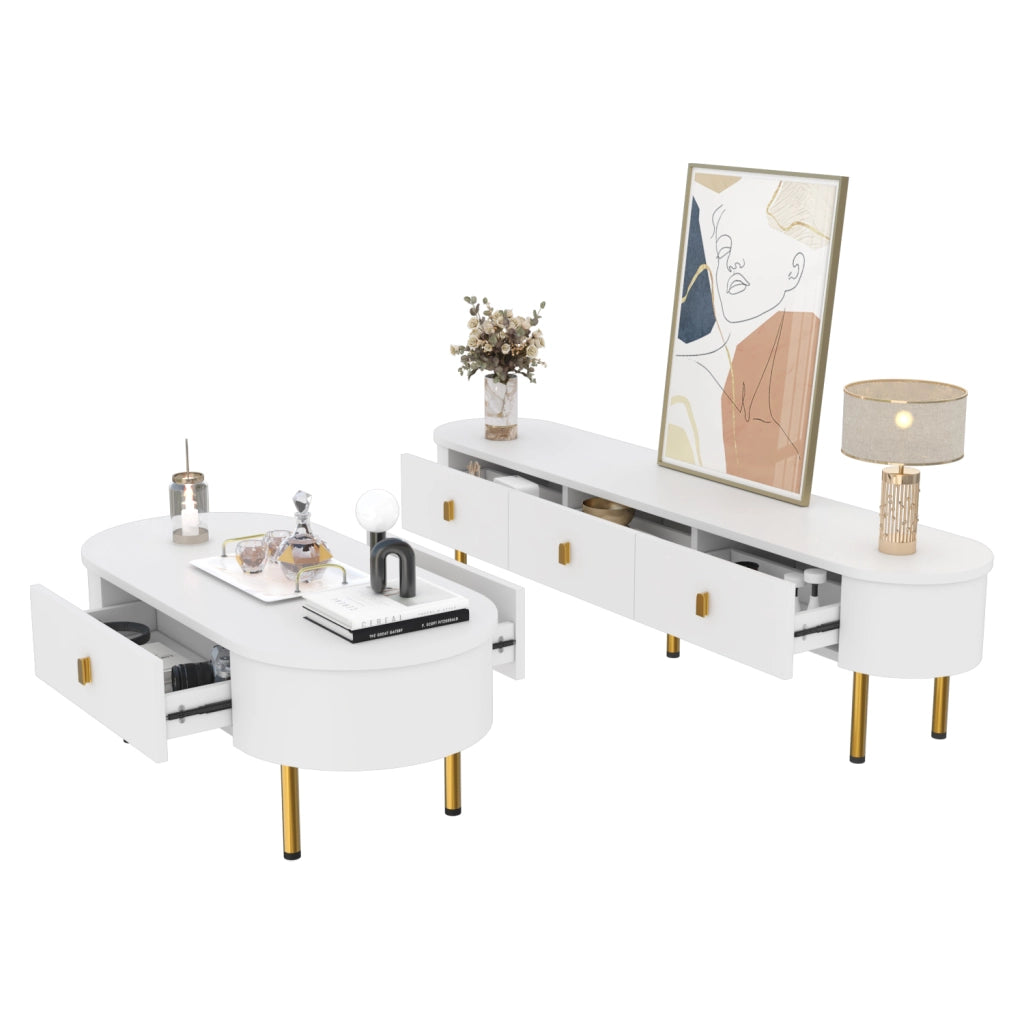 Set Mobile TV e Tavolino da Caff?? con 4 Cassetti; Bordi Arrotondati; per Soggiorno Moderno; MDF; Bianco