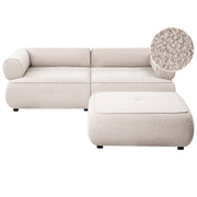 Divano a 3 posti con pouf beige bouclé braccioli arrotondati rivestimento di alta qualità seduta trapuntata con poggiapiedi stile Mid-Century