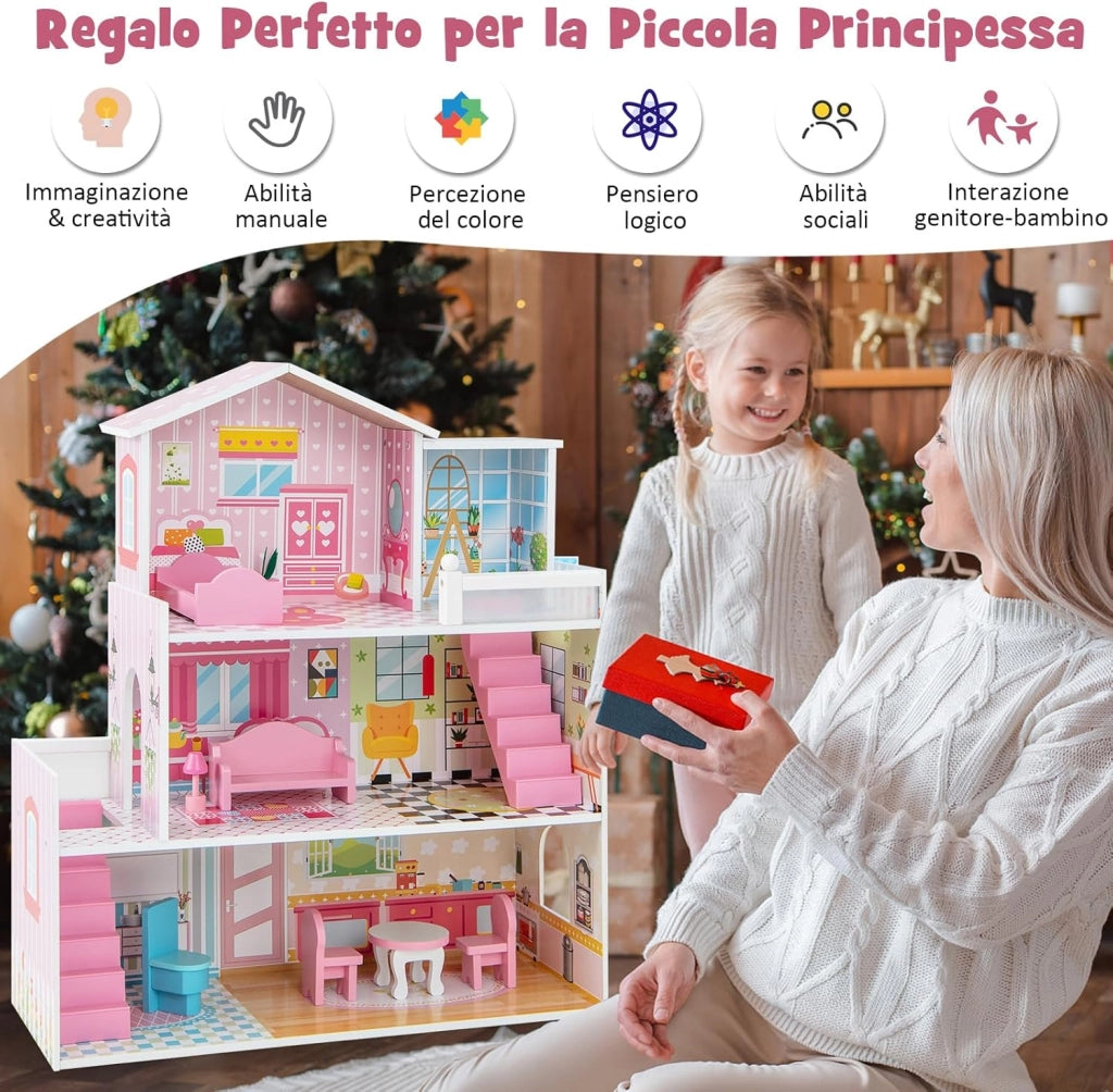 Casa delle Bambole in Legno, Casetta delle Bambini con 5 Stanze e 10 Mobili, 3 Piani, Regalo per Bambini 3+ Anni, 60 x 25 x 70 cm