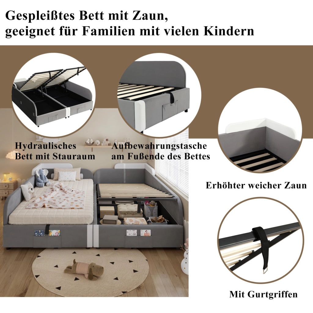 Letto imbottito per bambini con vano contenitore idraulico; velluto; per 2 materassi 90x200 cm