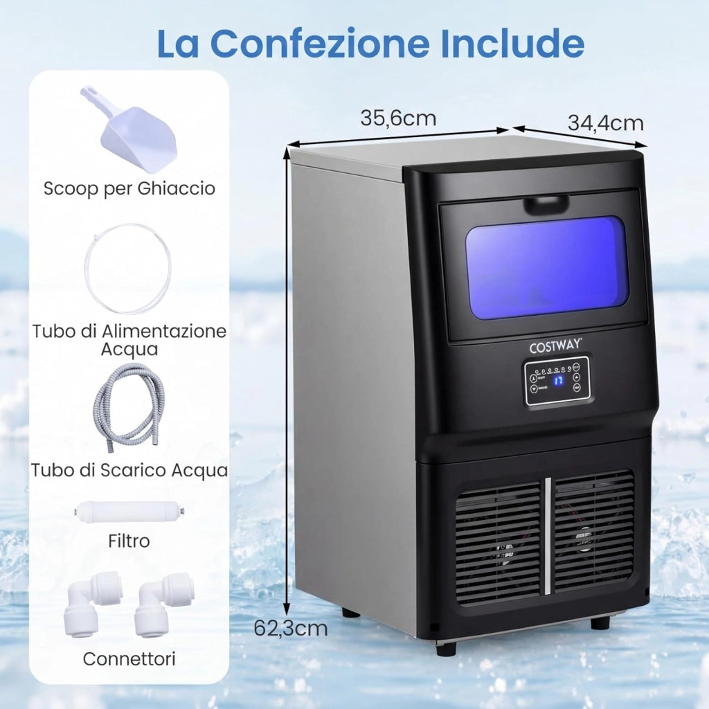Macchina per Ghiaccio Commerciale, 25-30 kg/24H, Produttore di Ghiaccio in Acciaio Inox con Autopulizia, Filtro dell’Acqua, per Bar Ristorante e Caffetteria