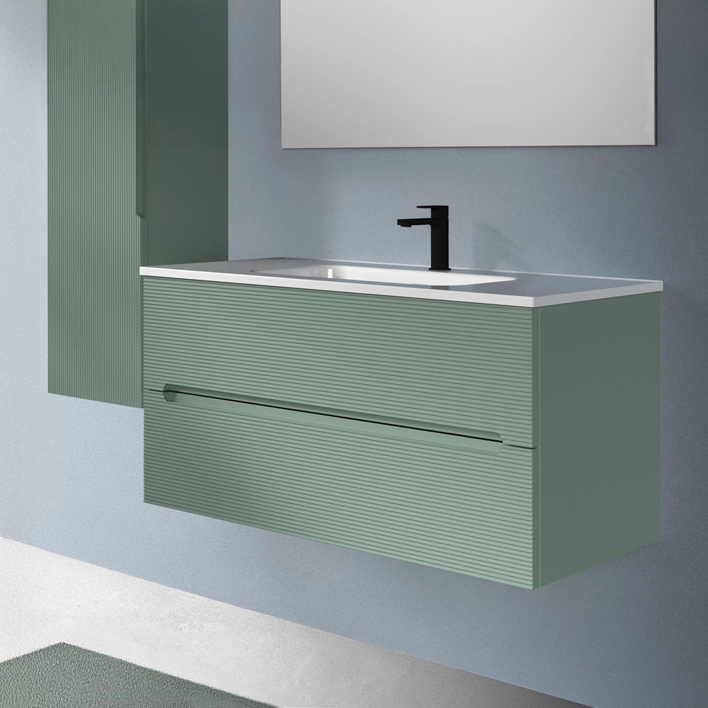 Mobile bagno sospeso 100 verde cannettato 2 cassetti lavabo e specchio Rigo