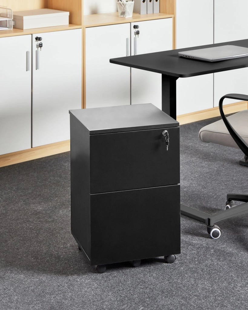 Armadietto in legno massiccio con 2 cassetti e ruote con serratura a chiave nero design moderno