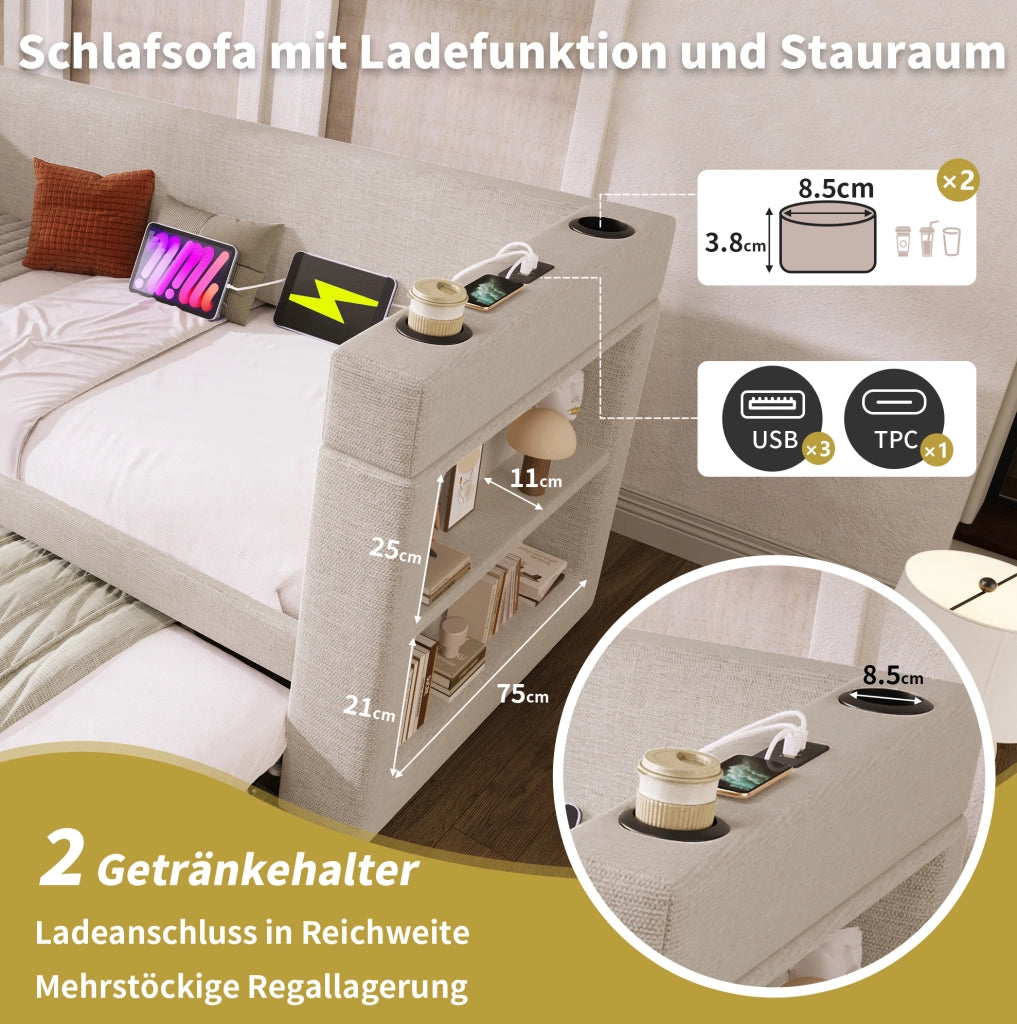 Daybed estraibile 90x190 cm con USB-C e portabevande beige
