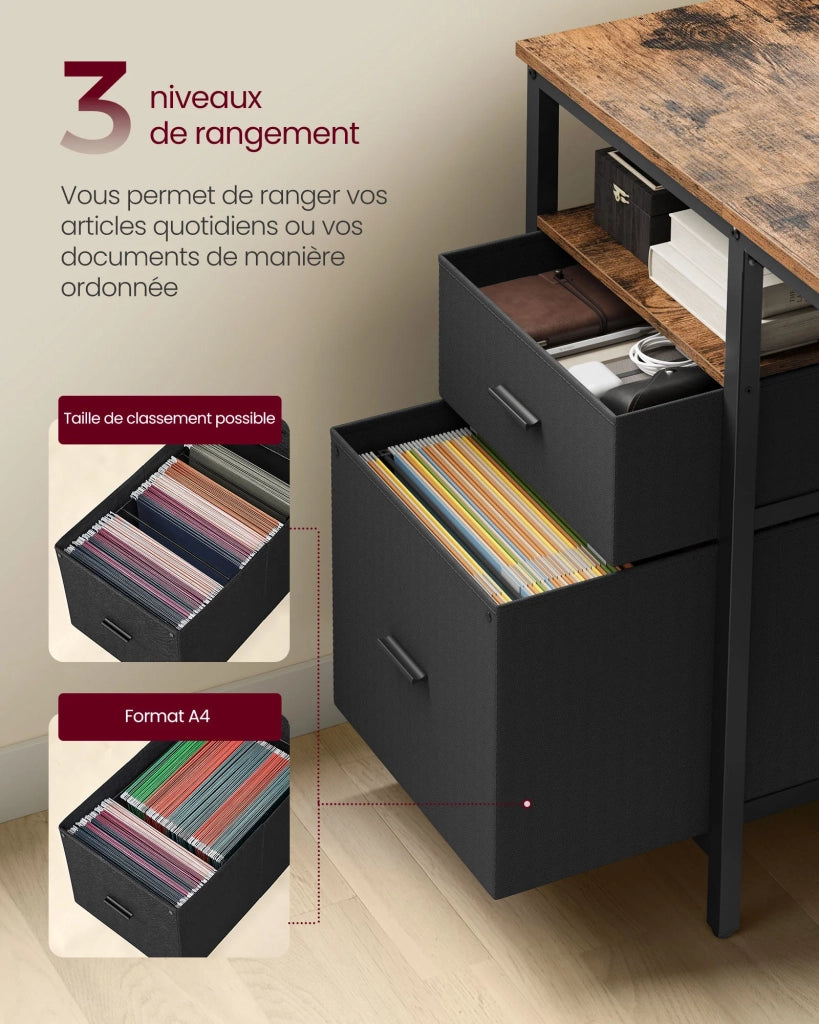 Scrivania per computer con spazio di archiviazione 3 ripiani 2 cassetti 60 x 140 x 76 cm per ufficio/soggiorno stile industriale marrone rustico e nero 12_0004569