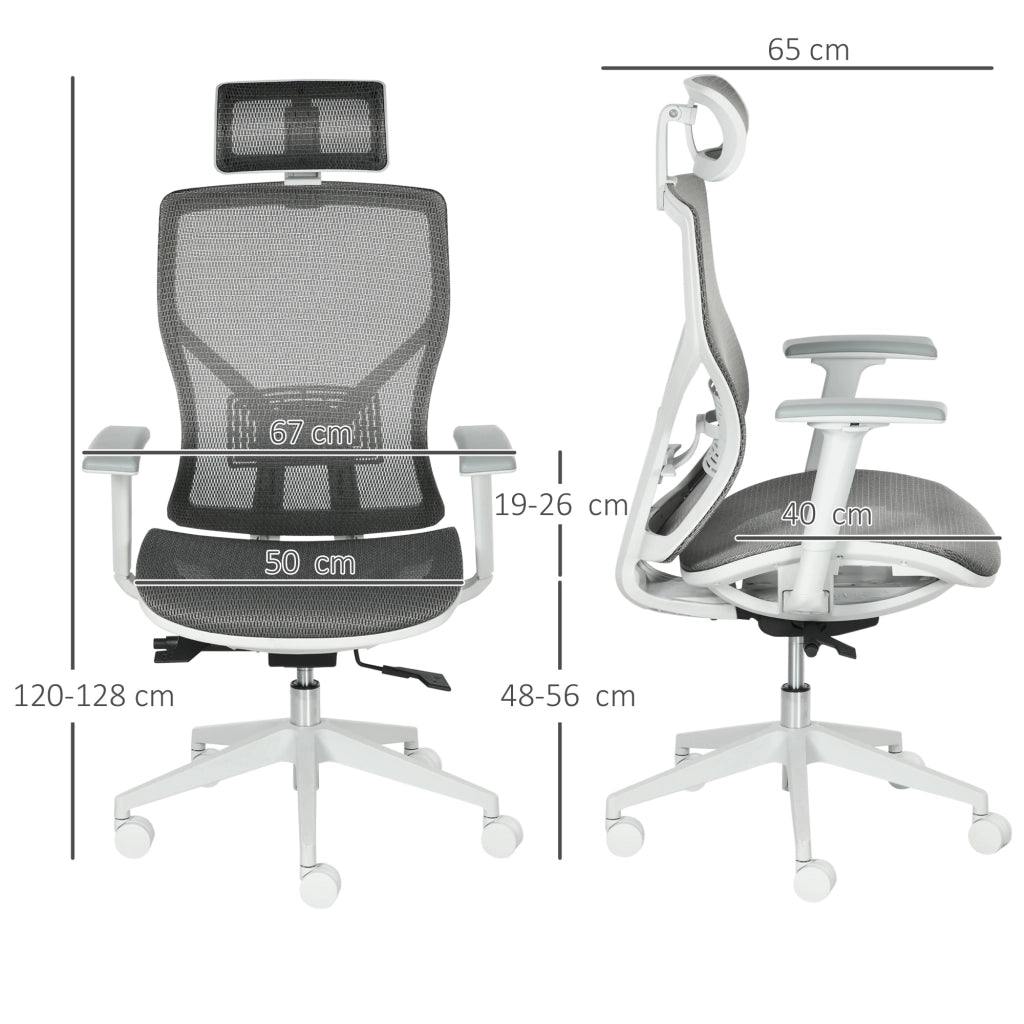 Sedia da ufficio ergonomica con poggiatesta e schienale reclinabile a 3 posizioni in schiuma grigia 67 × 65 × 120-128 cm