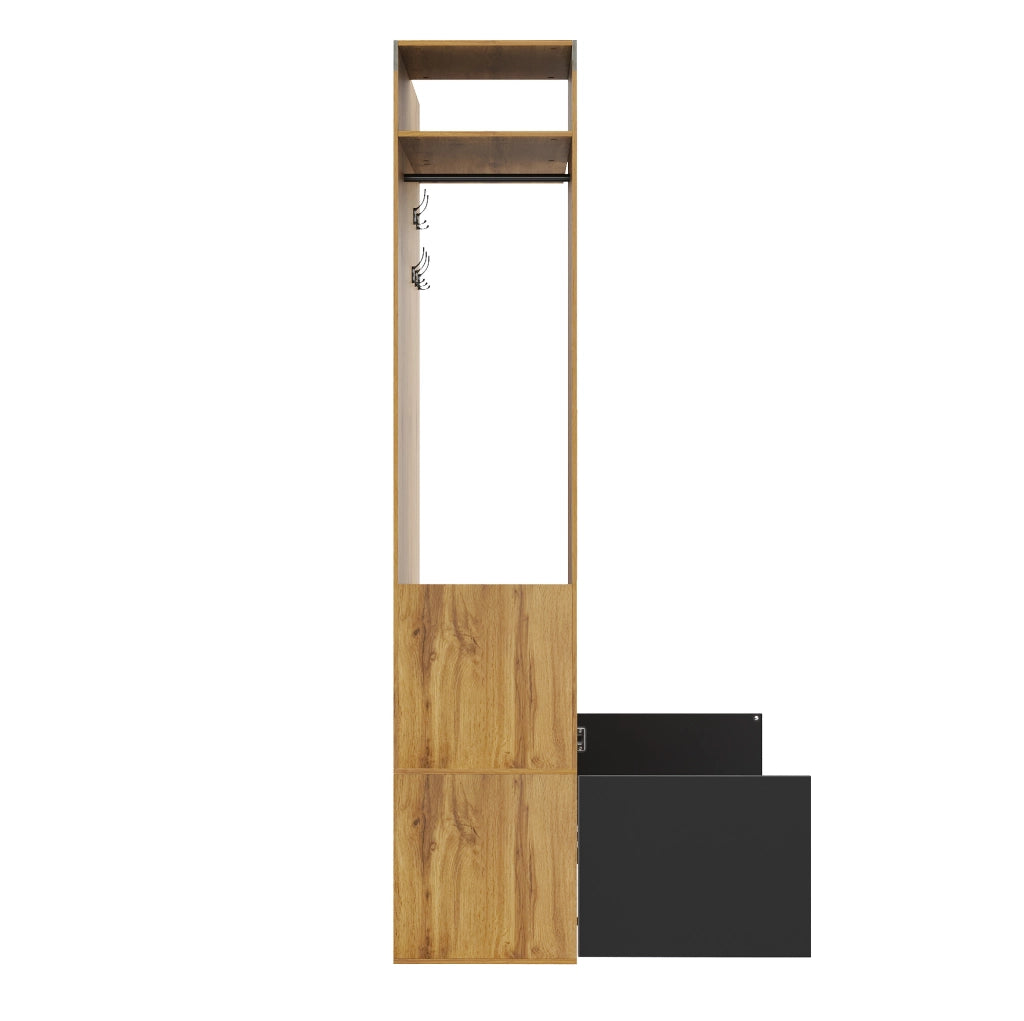 Set Appendiabiti con Specchio, Scarpiera, Panca e Mensola in MDF, 191x100x38 cm, Nero e Legno