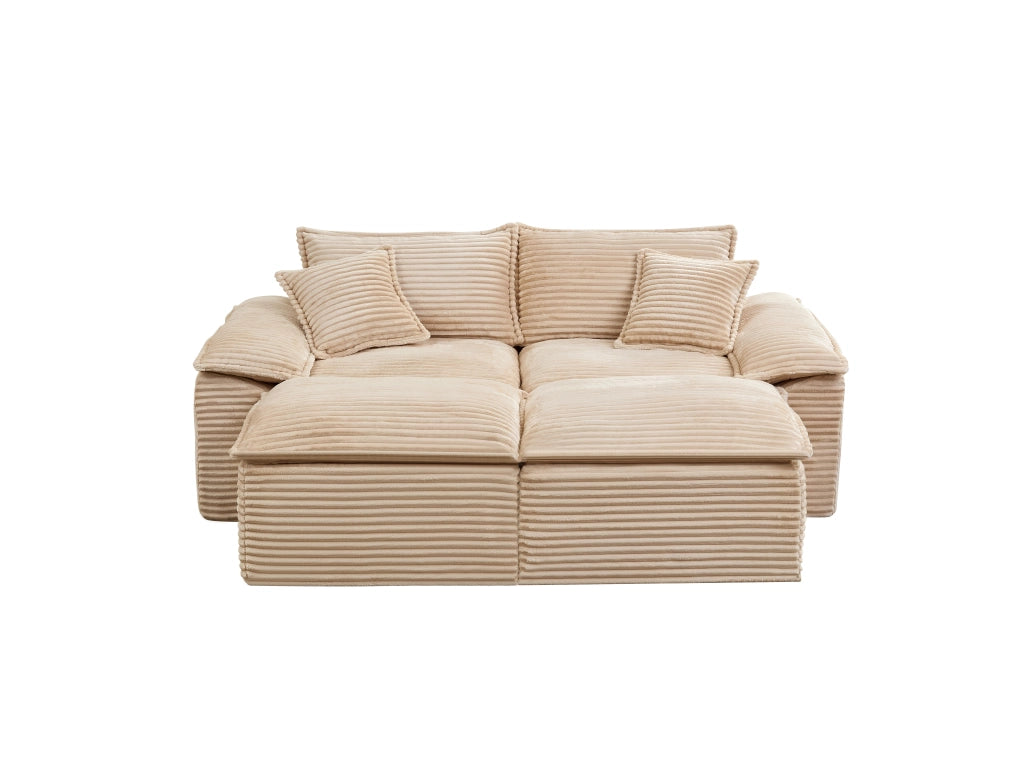Divano a 2 posti in tessuto a coste con pouf, schiuma ad alta resilienza e molle, beige 206 × 158 × 66 cm