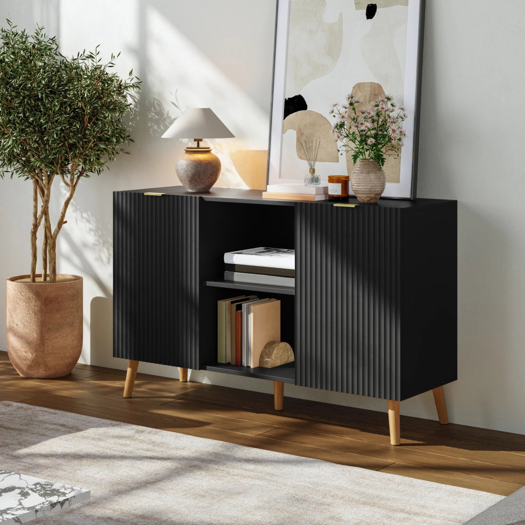Credenza Nand Madia con 2 Ante Scanalate 120x40x76 cm Nero [en.casa]