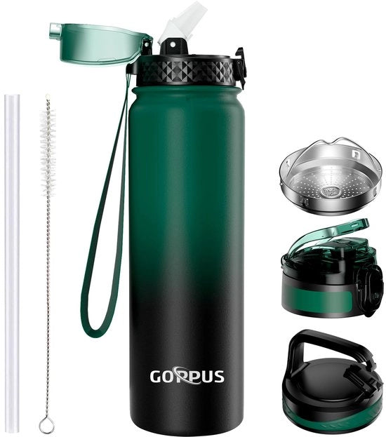 Termos 1L/32oz con beccuccio, doppia parete di acciaio inossidabile, bottiglia da 1 litro isolata, bottiglia sportiva impermeabile, bottiglia di acqua con gas, bottiglie da bere, acqua da bere BPA libera