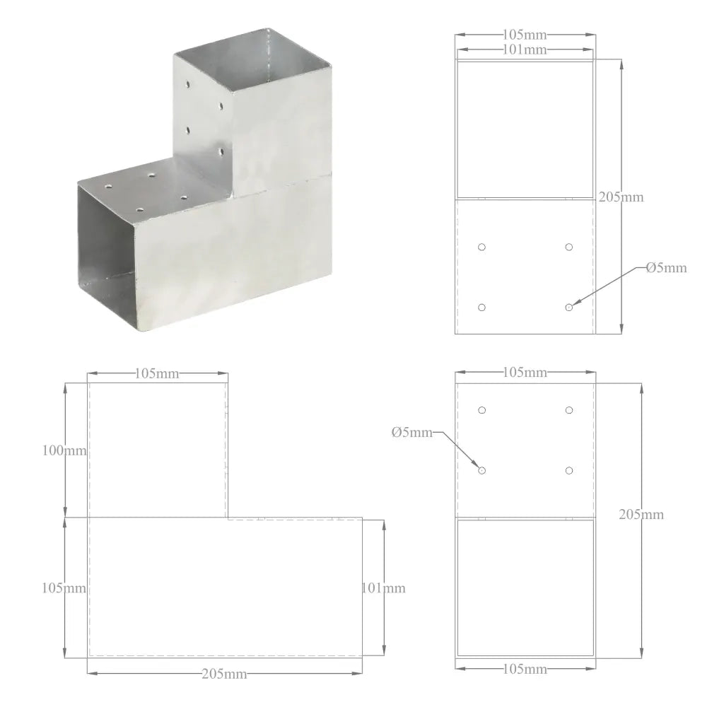 Connettori Pali a Forma di L 4 pz in Metallo Zincato 101x101 mm 145478
