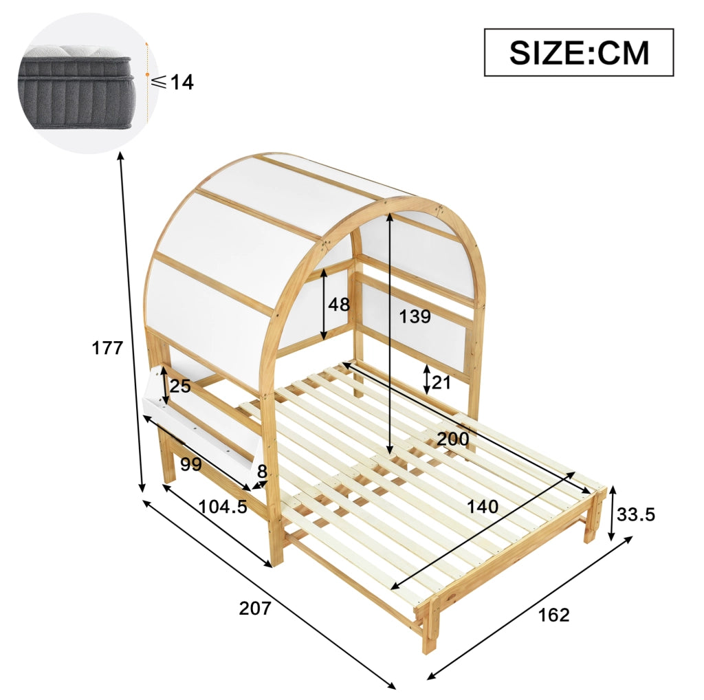 Letto 140x200 cm con letto estraibile e tetto ad arco in legno bianco e naturale
