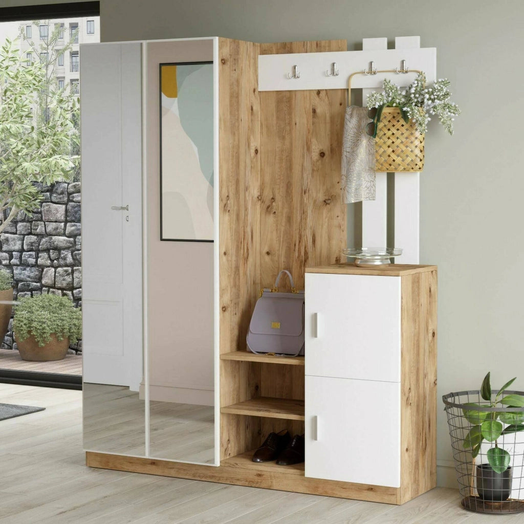 Mobile da ingresso Arcibaldo, Entratina appendiabiti, Composizione per atrio, Consolle portaoggetti multifunzione, 147x38h180 cm, Quercia e Bianco