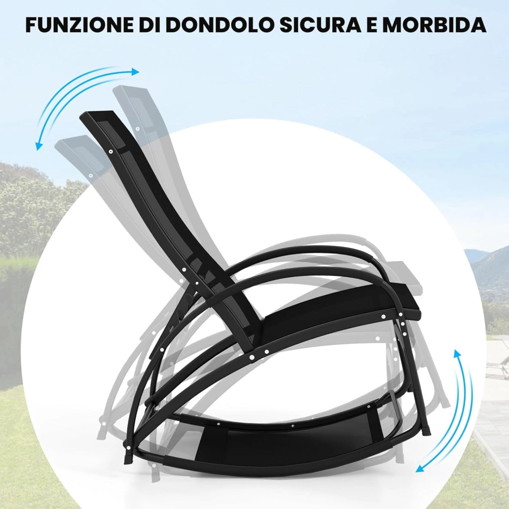 Sedia a Dondolo 2 in 1 da Giardino, Lettino Prendisole Convertibile con Schienale Regolabile a 4 Posizioni, Braccioli Curvi e Telaio in Alluminio, per Patio e Piscina, Portata 150 kg (Nero)