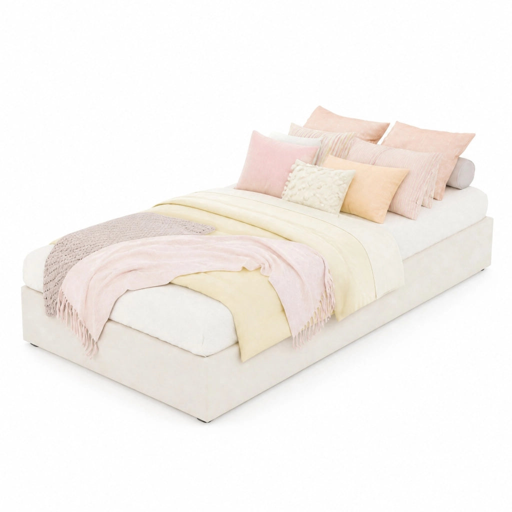 Letto 90x200 cm con contenitore a sollevamento a gas in tessuto beige
