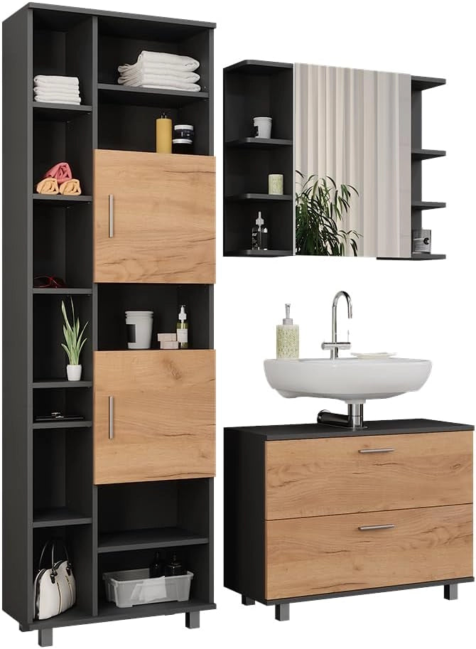 Set di mobili da bagno Ilias, Quercia dorata/antracite, 80.2 cm, composto da mobile sottolavabo, specchiera e colonna alta