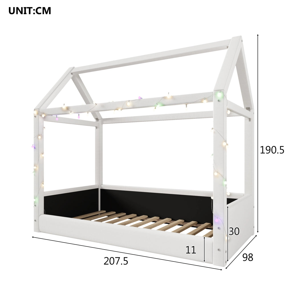 OKWISH Letto a Casetta Singolo con LED, 90×200 cm, senza Materasso, Rivestimento in Tessuto e MDF, Beige