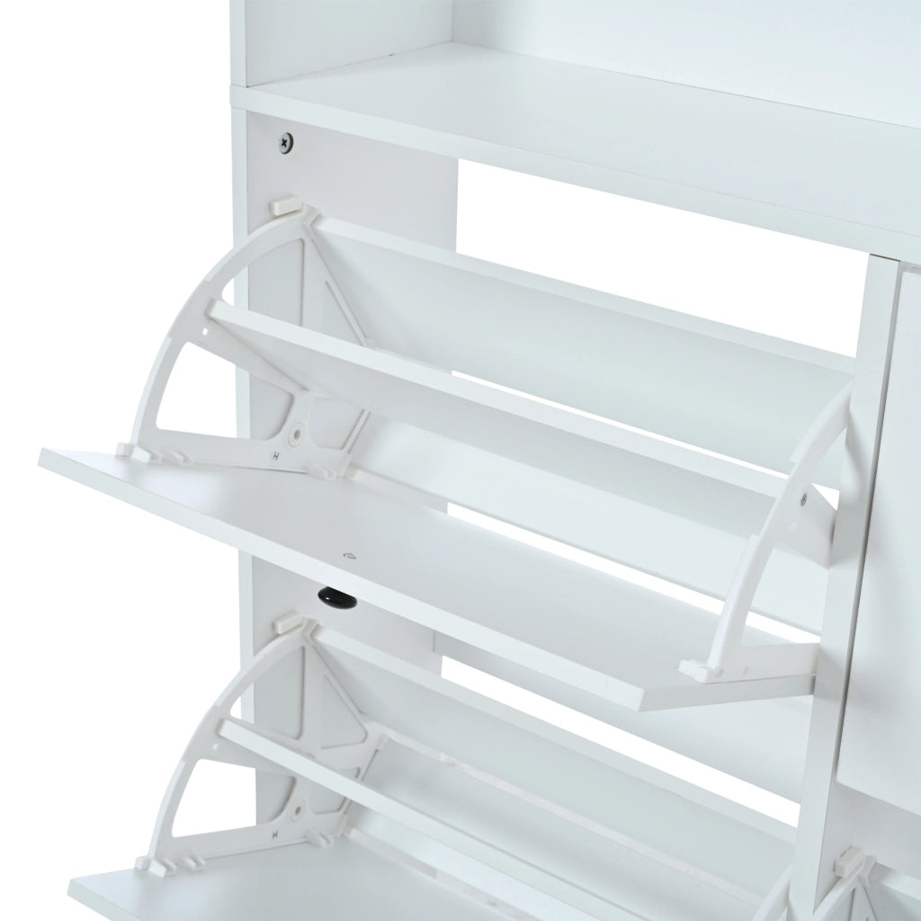 Mobile ingresso con 6 scarpiere a ribalta; 8 ganci e 5 ripiani - 120x24x200 cm - bianco
