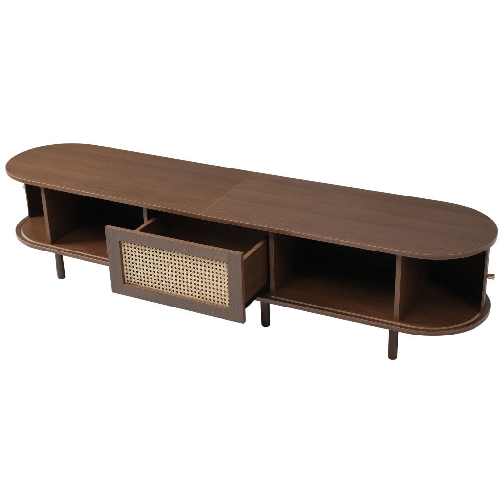 Mobile porta TV ovale con 1 cassetto e 2 ante scorrevoli, per soggiorno, in MDF, noce scuro, 180 × 40 × 40 cm
