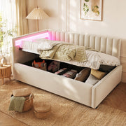 Letto singolo imbottito 90x200 cm con LED e vano contenitore beige