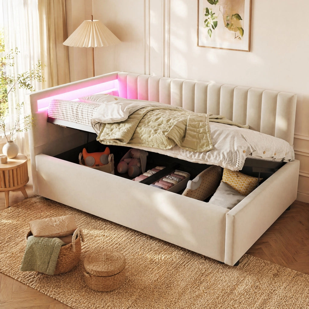 Letto singolo imbottito 90x200 cm con LED e vano contenitore beige