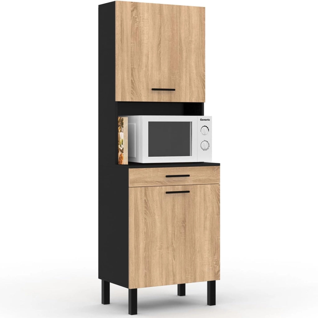 Comò da cucina CINA 60 CM 2 ante + cassetto look nero e faggio