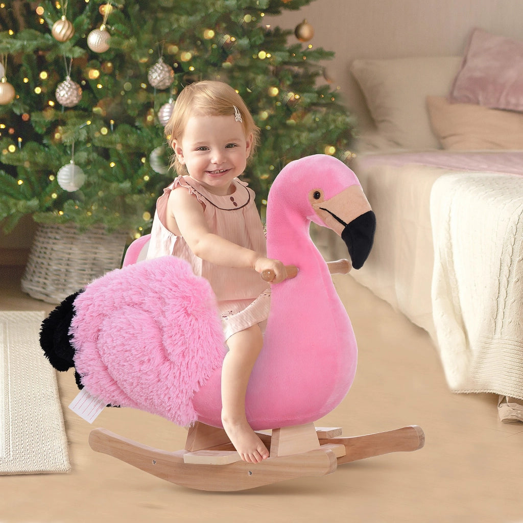 EasyComfort Cavallo a Dondolo per Bambini, Fenicottero a Dondolo per Bambini dai 18 Mesi in Legno con Cinture di Sicurezza, Rosa
