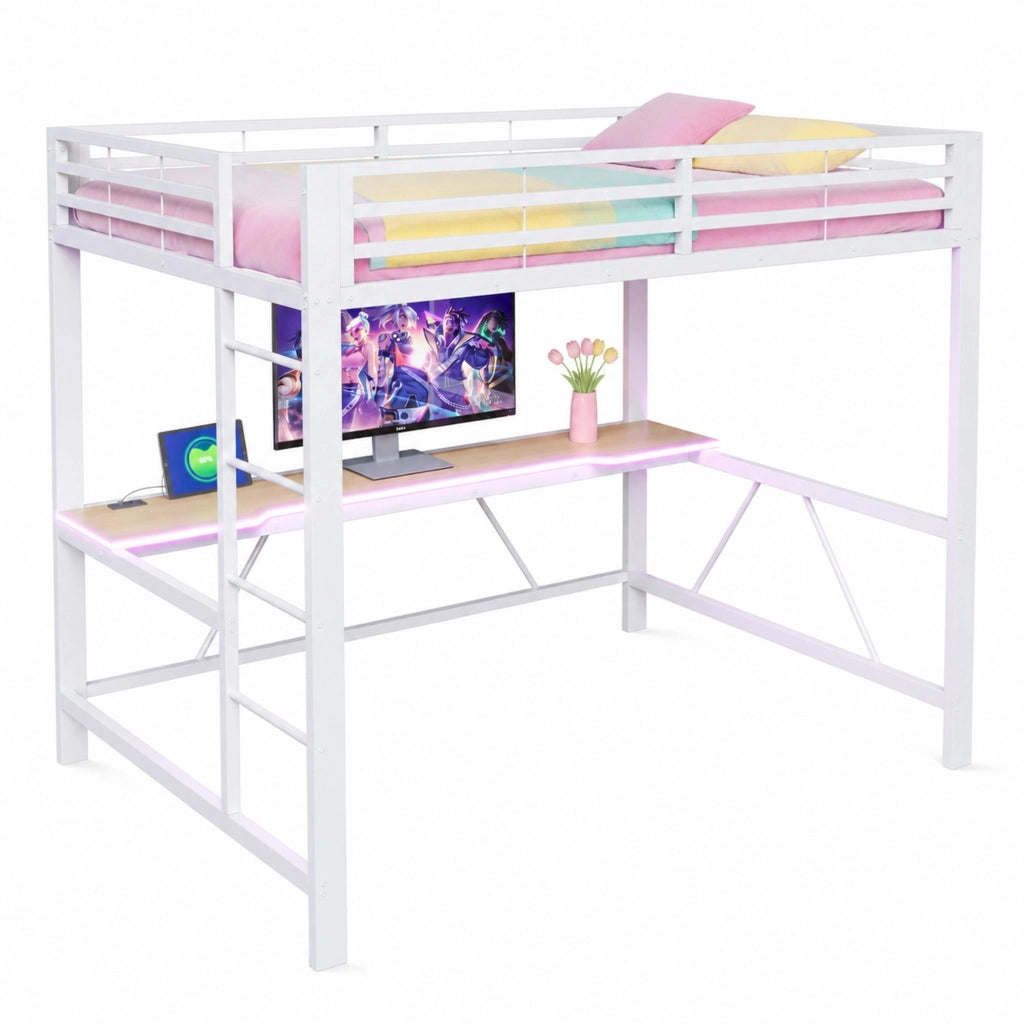 Letto a soppalco con scrivania integrata, LED e struttura in metallo