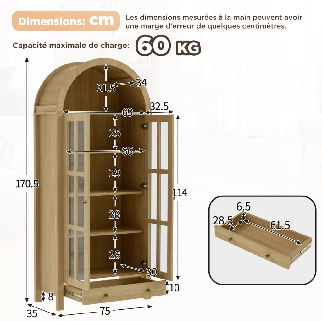 Vetrina ad arco da terra 75x35x170;5 cm in MDF naturale con ante in acrilico e cassetto