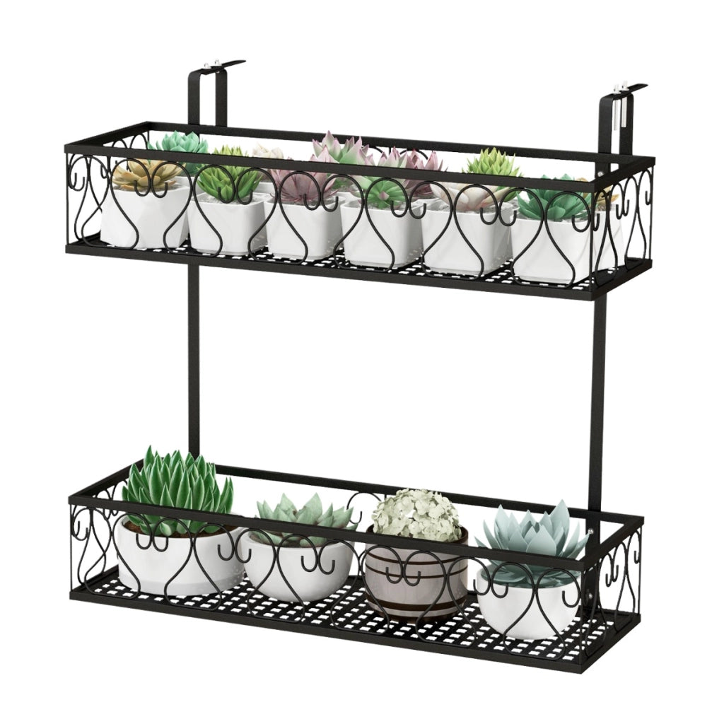 Portavasi a 2 livelli con ganci regolabili da 5,5-12,5cm, Contenitore per piante in vaso in metallo per patio-Scaffali per piante