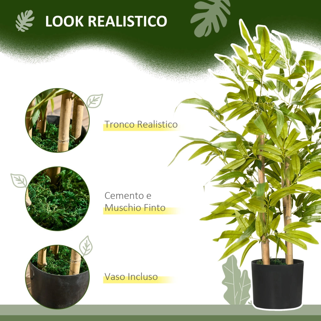 Pianta di Bambu Artificiale Alta 60 cm in Poliestere e PP Verde con Vaso in Cemento ?15x12.5 cm