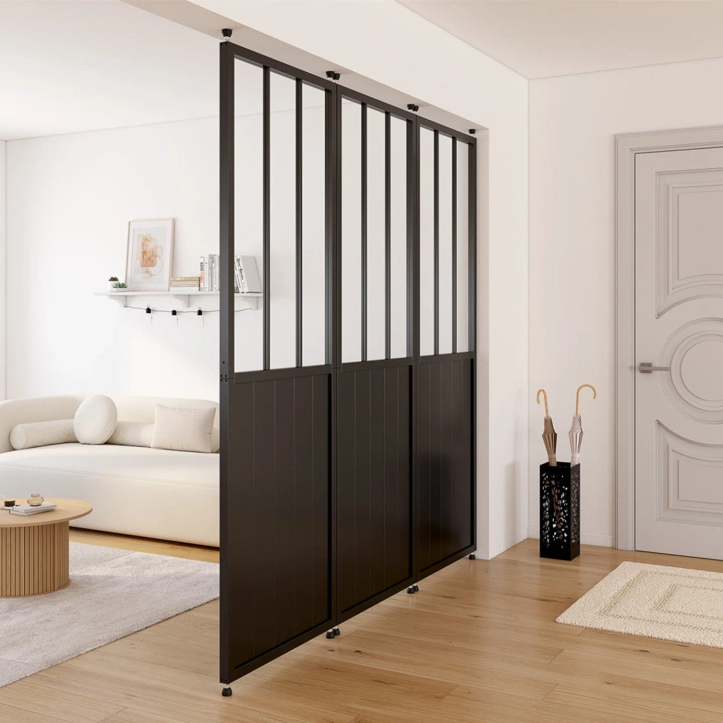 IDMarket - Divisorio da studio rimovibile 250 x 80 cm con effetto metallo nero e vetro temperato