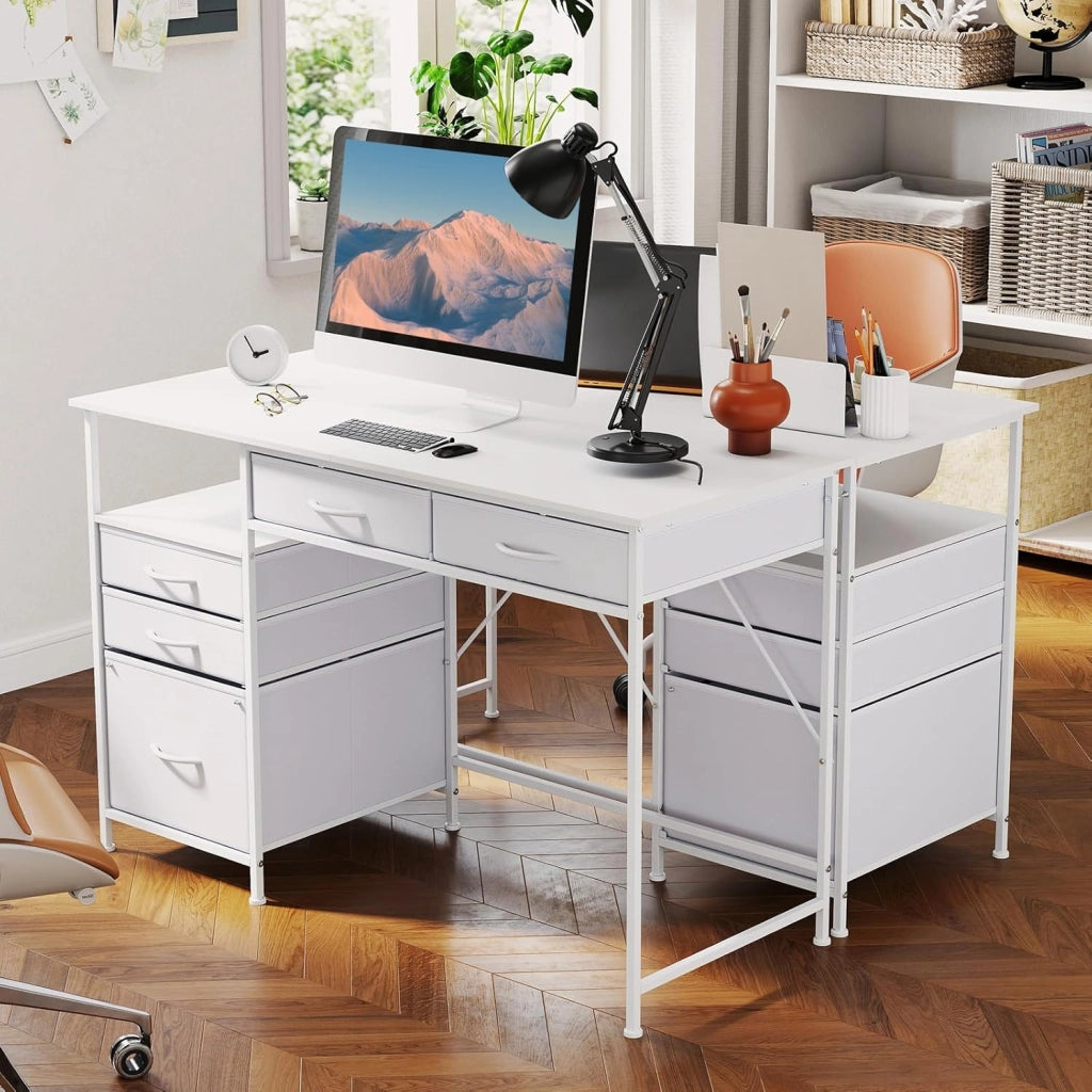 Scrivania per Computer 120 x 50 cm, Scrivania con Mensola, Cassetti in Tessuto e Struttura in Metallo, Scrittoio per PC per Ufficio, Camera da Letto e Studio (Bianco)
