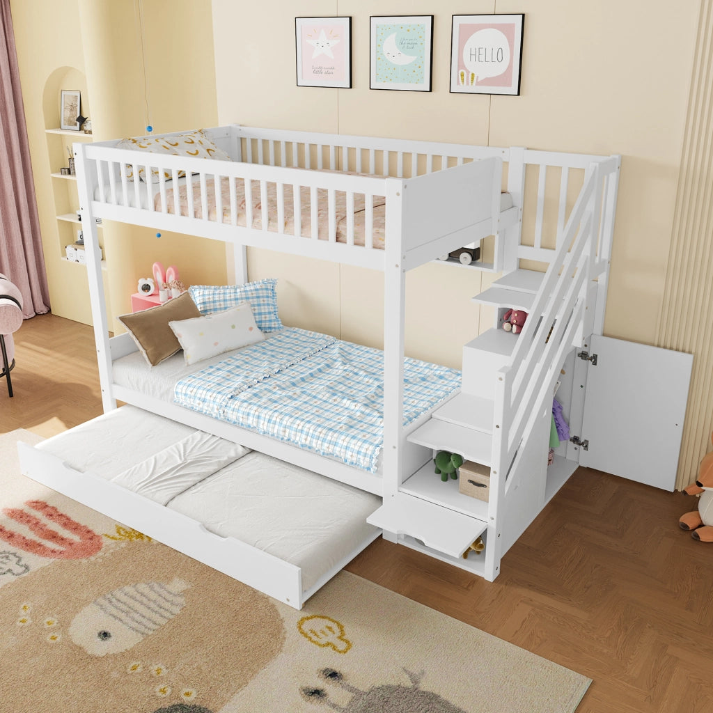 Letto a Castello 90x200 cm - con Letto Estraibile; Armadio; Vano - in Pino - Bianco