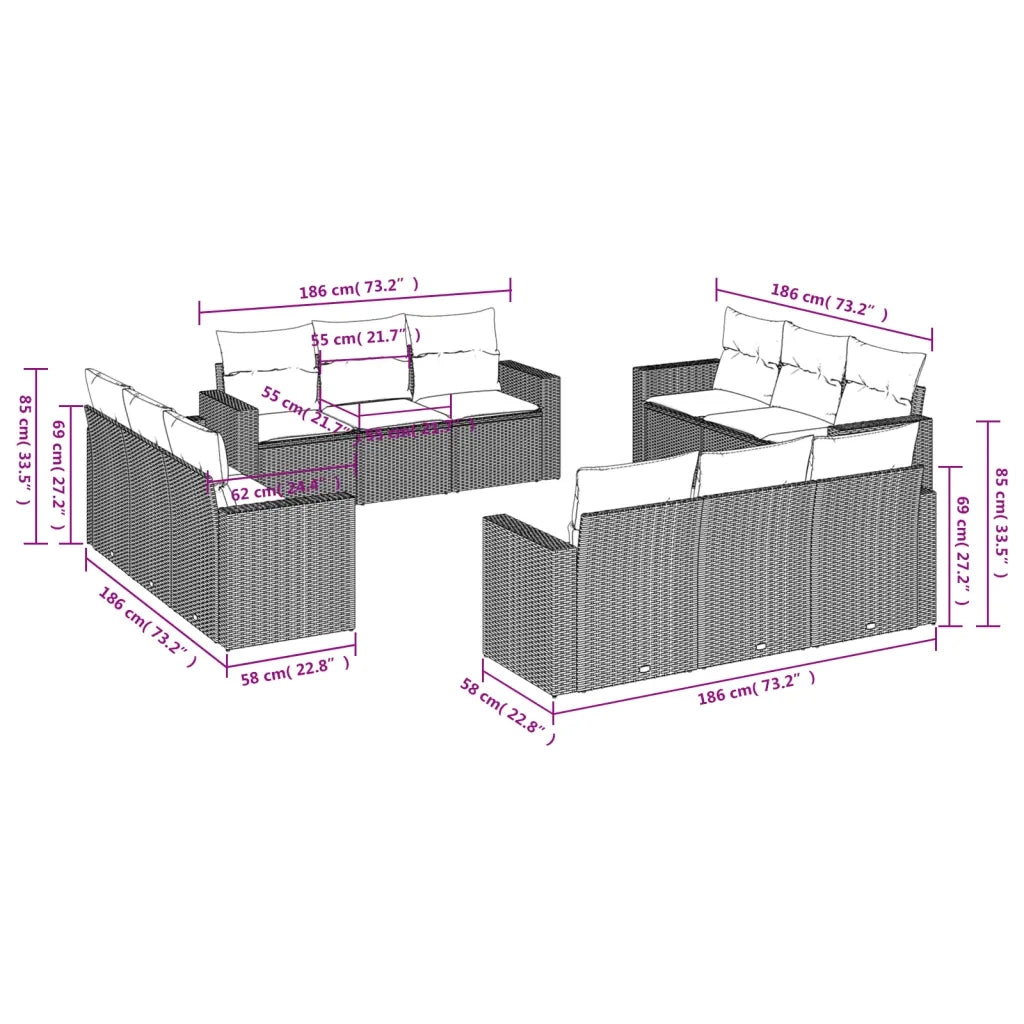 Set Divani da Giardino 12 pz con Cuscini Marrone in Polyrattan 3218763