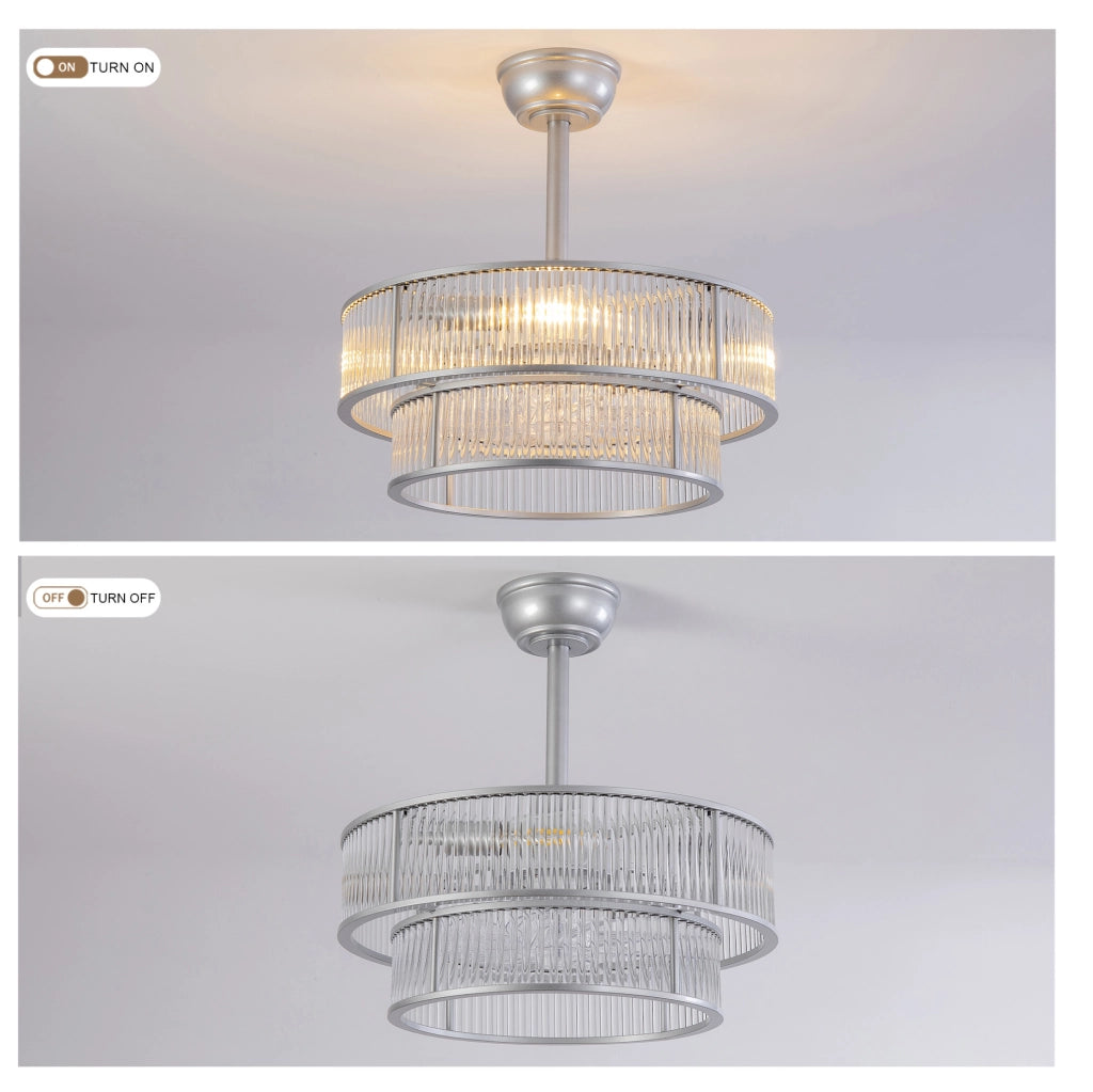 Ventilatore da soffitto con luce e cristalli; 19 pollici; argento; metallo e vetro