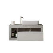 Mobile da bagno sospeso con un lavabo e 1 cassetto, lunghezza 92 cm, collezione BURA. Colori bianco lucido e cemento.