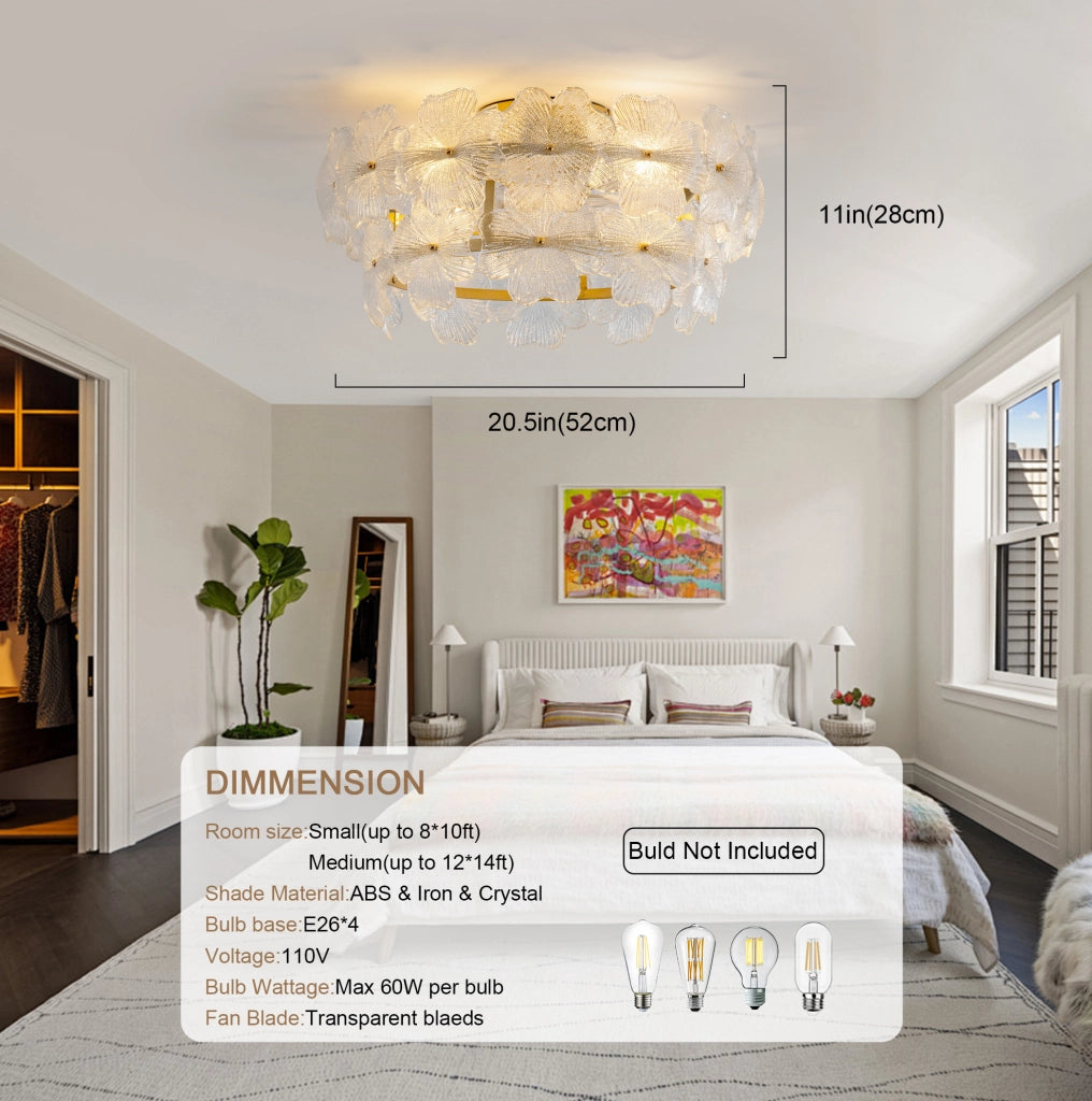 Ventilatore da soffitto a incasso con luce in vetro cristallo 55 cm; oro; in vetro e metallo