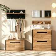 Garderoba ingresso 156x36x176 cm con specchio; ganci e scarpiera regolabile in MDF naturale e nero