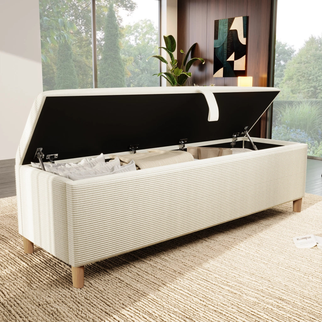 Panca letto contenitore in tessuto beige 175x38 cm con vano portaoggetti idraulico