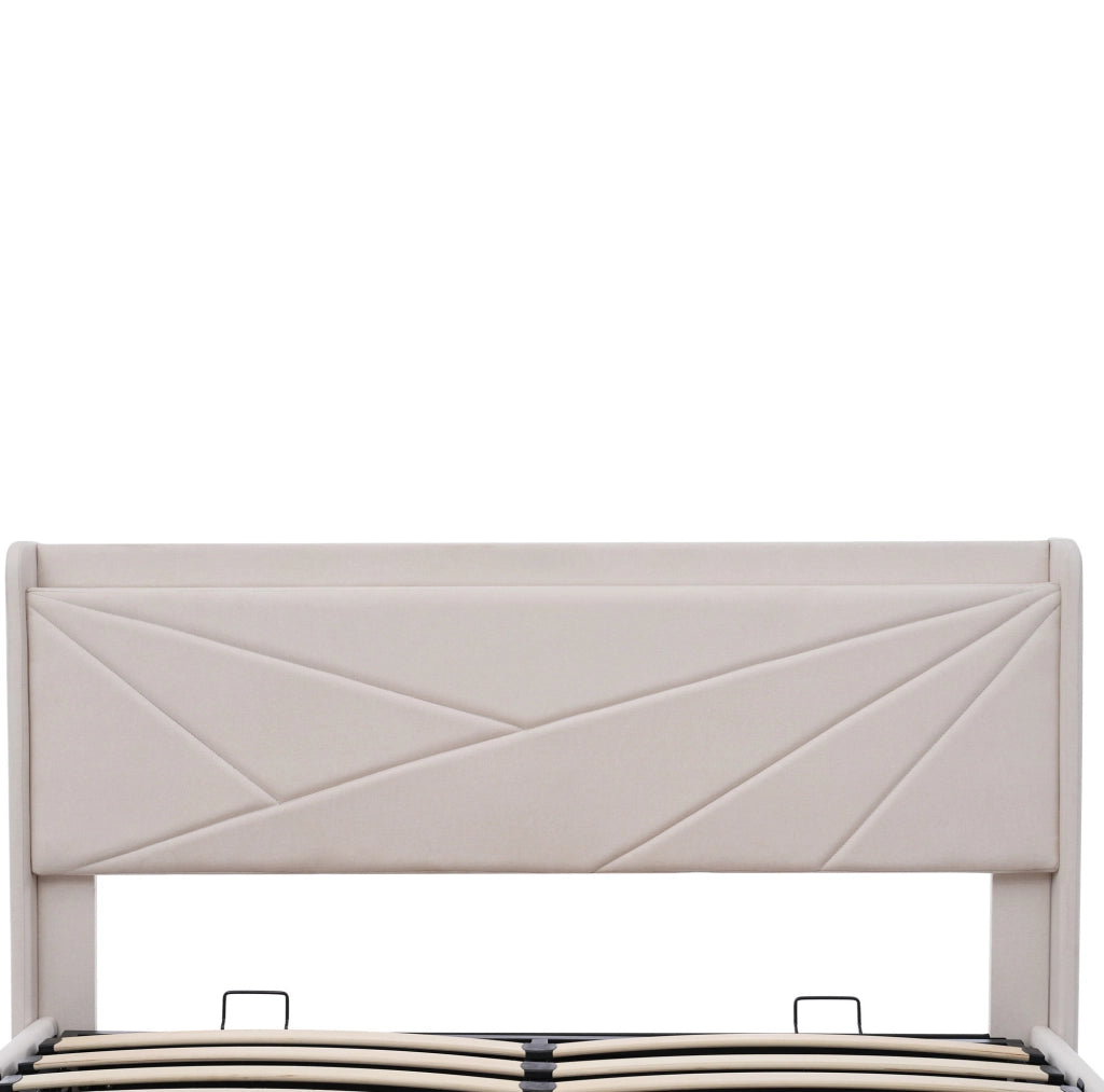 Letto matrimoniale con contenitore e testiera con USB e Tipo C 140x200 cm in cotone lino beige